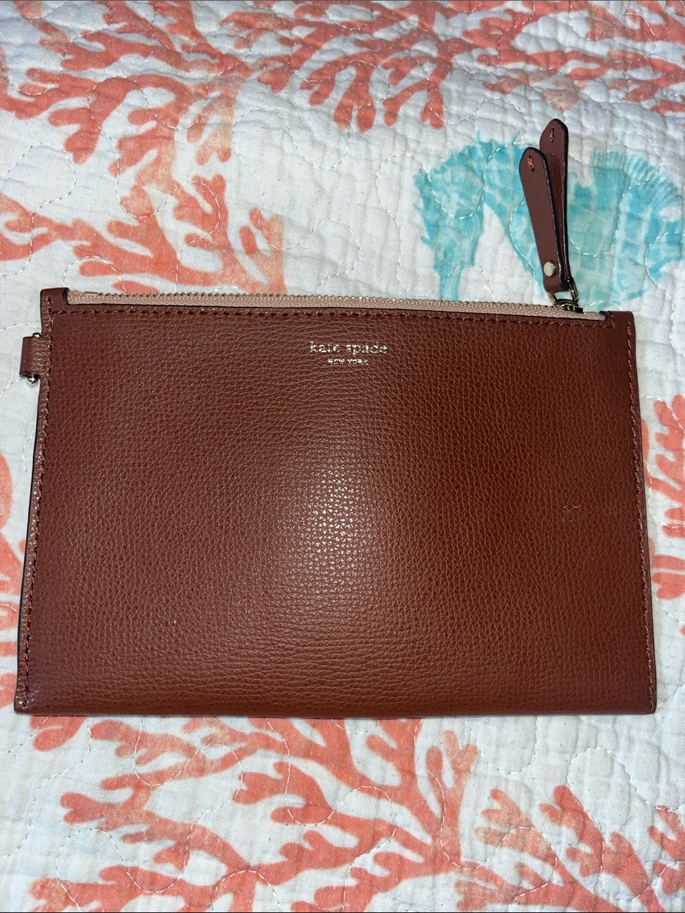 kate spade Brown Pebbled Leather Zip Wristlet Pouch